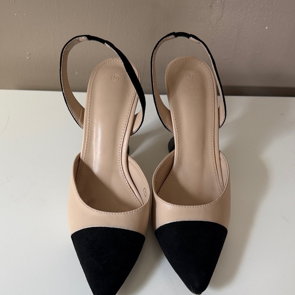 Two-Tone Nude and Black Pointed Toe Slingback Heels